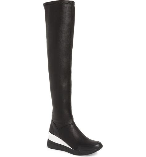 Tipton Wedge Over The Knee Rain Boot In Black Faux Leather